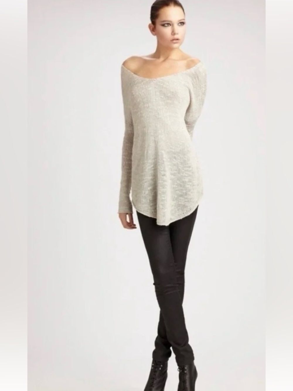 Helmut Lang Cream V-Neck Knit high low silk Sweater, XS